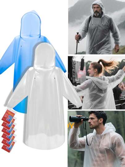 6 Pack Einweg-Regenponcho für Damen und Herren - wasserdichte PE-Regenmäntel mit Kordelzug, Camping/Wandern/Notfall, verstärkte Damen- und Herren-Regenmäntel, transparente Regenmäntel mit Kapuze