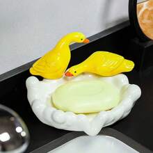 1pc Ceramics Duck Soap Box Cartoon Soap Dish Pearl Shell Drainable Soap Holder Soap Container Soap Dish For Tray Bathroom Accessories Shower & Bathtub