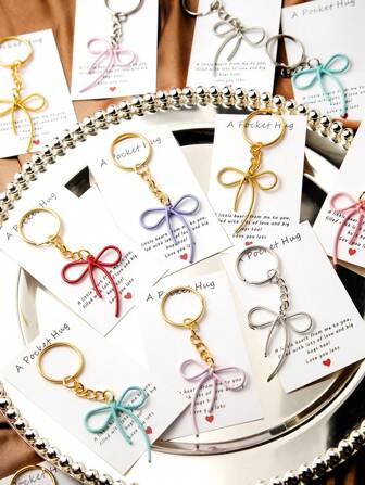 1/5/10pc Colored Bow Knot Hug Card Keychain Pendant Set, Gold/Silver/Colorful, Suitable For Bag Charm, Car Hanging, Phone Case Decor, Earphone Holder, Key Ring, Gift For Women, Girls, Birthday, Graduation, Holiday