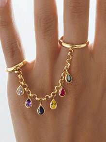 1 Pc Fashionable Copper Inlaid Cubic Zirconia Chain Tassel Adjustable Ring, Women's Jewelry For Wedding Party Accessory, Wedding Gift
