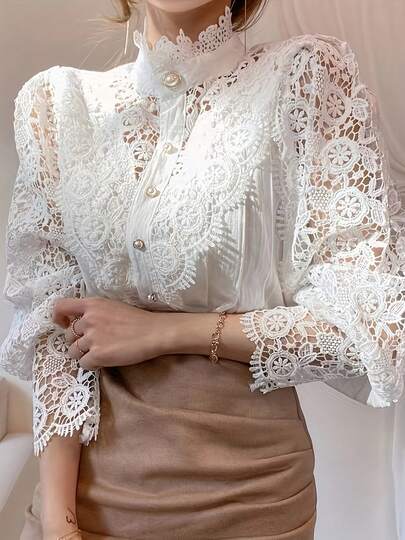 Women's Lace Blouse, Hollow Out White Lace Shirt, Elegant And Fashionable For Daily Wear, Puff Sleeves Design For Graceful Look, Suitable For Commuting, Dating, Summer Outfit, Can Be Worn Alone Or Layered, Pair With Skirts For A Mature Vibe, Suitable For Casual Gatherings With Friends Or Workplace