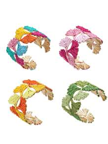 1pc Elegant Fashionable Ginkgo Leaf Raffia Open Bangle Bracelet, 6 Color Option, Suitable For Beach, Hawaii Travel Wear