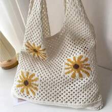 1pc Fashionable Jacquard Hollowed-Out Knitted Tote Bag With Chrysanthemum Pattern, Minimalist Floral Graphic Shoulder Bag For Summer, Airy Roomier Beach Bag Suitable For Women Everyday, Street, Vacation Travel, Great Gift