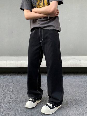 男式基本款撞色缝线直筒牛仔裤