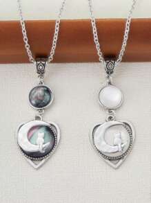 1PC Gothic Style Heart Shaped Cat And Moon Necklace For Women's Everyday Accessories Jewellery Gifts