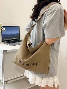 Fashion Letter Print Large Capacity Canvas Tote Bag - Khaki - View 5