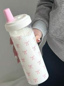 1pc Cute Pink Bow Water Bottle, Reusable With Lid And Straw Cup, Travel And Outdoor Cup, Gym And Sports Bottle, Flat Bottomed Cup, Car Cup, Holiday Gift