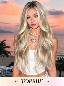 Einfach zu tragende, lange lockige 26-Zoll-Perücken für Frauen mit braunem und blondem Farbverlauf-Farbverlauf ohne Pony, hitzebeständiges synthetisches Haar, verstellbarer Kopfumfang, für Cosplay, Fotografie, Reisen