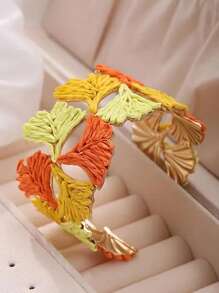1pc Elegant Fashionable Ginkgo Leaf Raffia Open Bangle Bracelet, 6 Color Option, Suitable For Beach, Hawaii Travel Wear