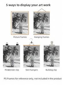 1 pieza Arte de pared sin marco Escape costero - Fotografía de playa en blanco y negro con palmeras y silueta de tabla de surf vintage, impresión de arte de retiro oceánico minimalista, decoración de vacaciones de lujo para dormitorio/sala de estar/estudio/dormitorio/casa de playa - Blanco y Negro - Ver 6