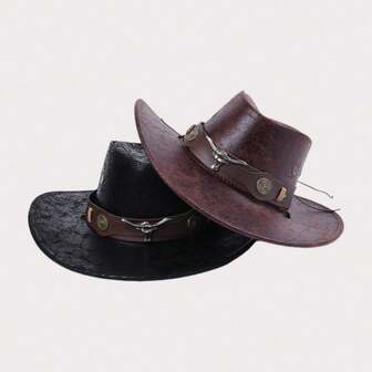 1 PU 皮革经典西部牛仔帽，牛头扣，铆钉，宽边，男女适用，适合春夏秋季户外防晒爵士帽