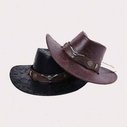 1 PU 皮革经典西部牛仔帽，牛头扣，铆钉，宽边，男女适用，适合春夏秋季户外防晒爵士帽