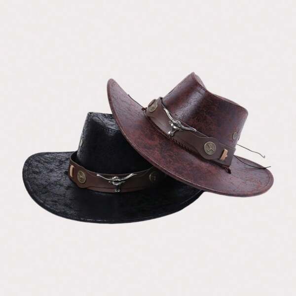 1 Sombrero de vaquero clásico de estilo occidental de piel sintética (PU), con hebilla con forma de cabeza de toro, remaches, ala ancha, apto tanto para hombres como mujeres, ideal para primavera, verano y otoño para protección solar y uso en exteriores.