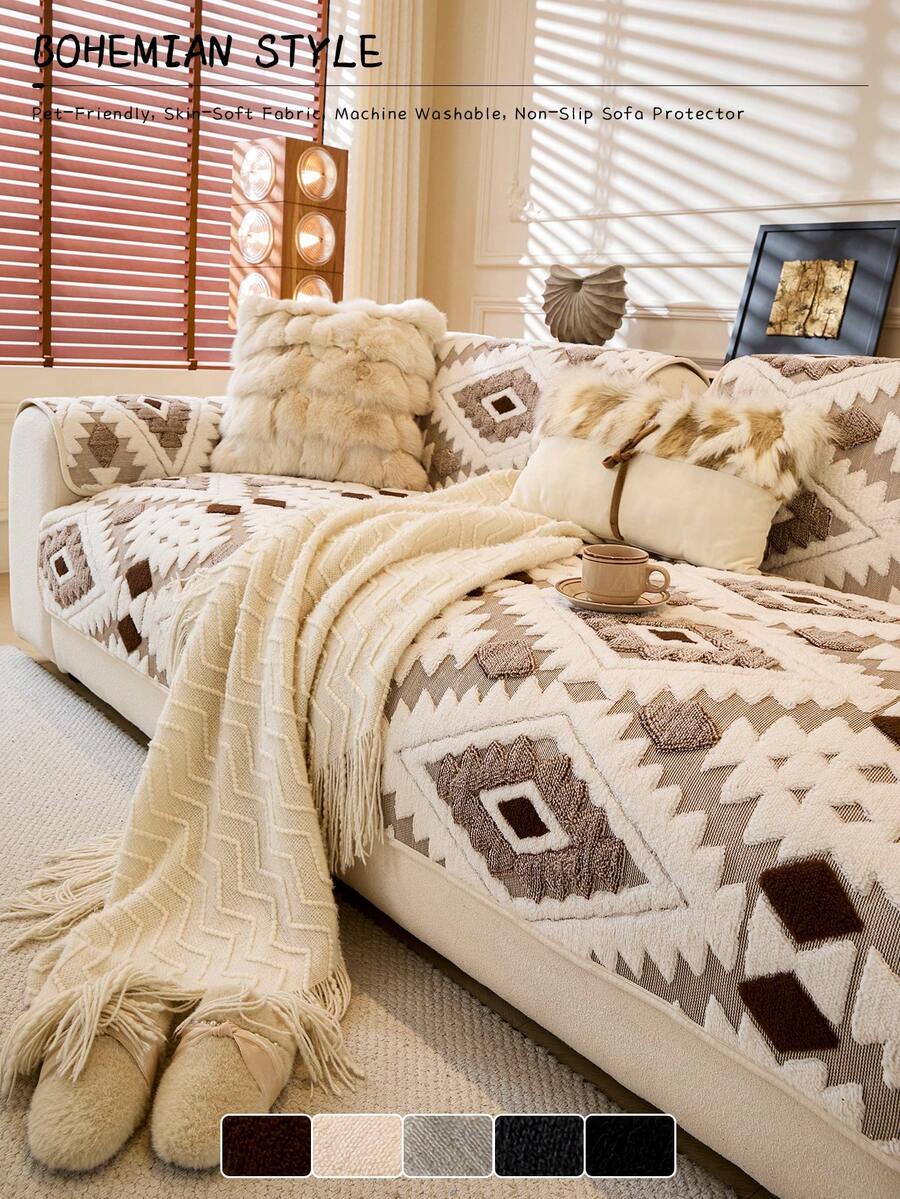 1PC Bohemian-Style Fluffy Soft Sherpa Sofa Cover - Non-Slip, Fits 1/2/3/4-Seater Sectional Couches, Machine Washable Pet-Friendly Living Room Furniture Protector