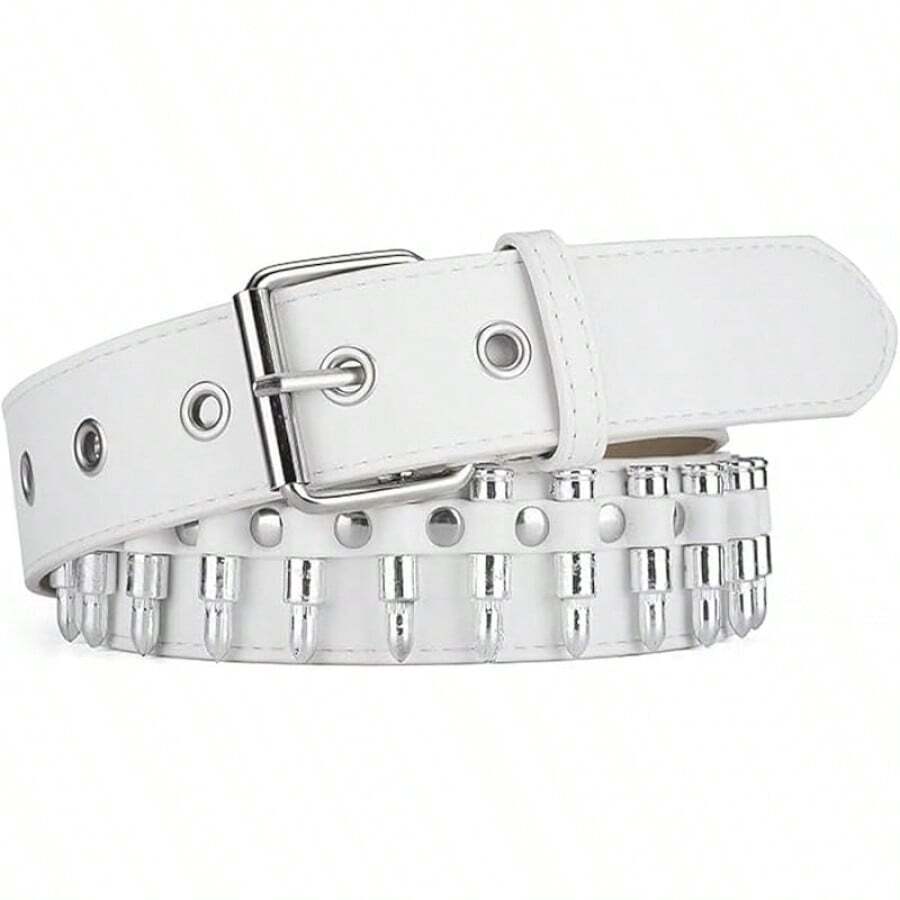 Studded Belt, Metal Punk Rivet Belt With Bright Studs Women And Men - White - View 1
