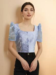 Amyenjoylife 现代菲律宾风优雅提花短袖衬衫，夏季 - 藍色 - 查看 3