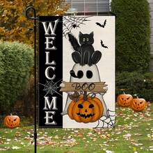Welcome Halloween Garden Flag (30cm X 45cm/12inch X 18inch) Double Sided Burlap Black Cat Ghost Boo Pumpkin Bat Spider Web Courtyard Flag Suitable For Outdoor Terrace Holiday Outdoor Halloween Decoration
