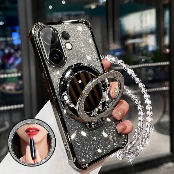 Nuevo estuche antideslizante de 4 esquinas para teléfono + colgante con cuerda brillante de rosa, espejo de maquillaje circular brillante de rosa y soporte magnético integrado, adecuado para Galaxy I-Phone 16 Pro 16Pro Max Sam-Sung S25/S25Plus/S25Ultra XM HW Redmi A5 Oppo