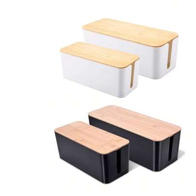 Caja de gestión de cables, ocultador de cables, caja organizadora de cables de extensión con cubierta de madera de bambú para enrutador, regleta de escritorio