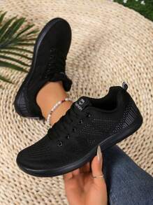 Zapatos de punto sin cordones de tela transpirable con decoración de rayas de unicolor, adecuado para deportes al aire libre para mujeres de talla grande