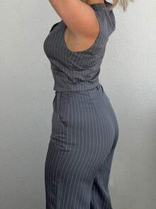 Jeta Ari 1套女士休闲条纹背心+女士休闲西装裤 - 灰色 - 查看 4