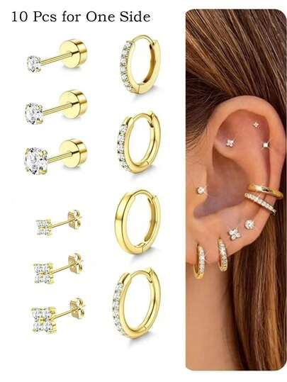 10 件不锈钢耳钉可堆叠耳环，适合女士，14K 镀金锆石平背耳钉，防过敏花朵耳钉套装，适合多个穿孔，小耳骨环耳环堆叠
