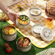 Stainless Steel Insulated Lunch Box - Japanese Style 3-Layer Stainless Steel Insulated Bento Box (Tri-Layer Round Lunch Container With Lid, Microwave Safe) - White - View 4