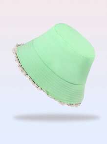 1pc Solid Color Dopamine Lace Patchwork Bucket Hat, Simple Versatile Stylish Fashion Casual Sun Protection Travel Beach Hat