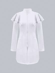 Double Pocket Open Front Long Sleeve Lab Coat, Nursing Scrub Uniform Jacket With Frill Edge, /Dental/Clinic/Salon/Psychologist Scrub Uniform Outerwear