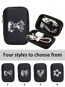 A Portable Mini Storage Bag With Y2k Silver Bow Decoration Elements, Waterproof And Drop Resistant Eva Material Hard Shell Camera Case, Shockproof Storage Box, Suitable For Storing Digital Cameras And Digital Products, Can Store Headphones, Data Cables - Black - View 1