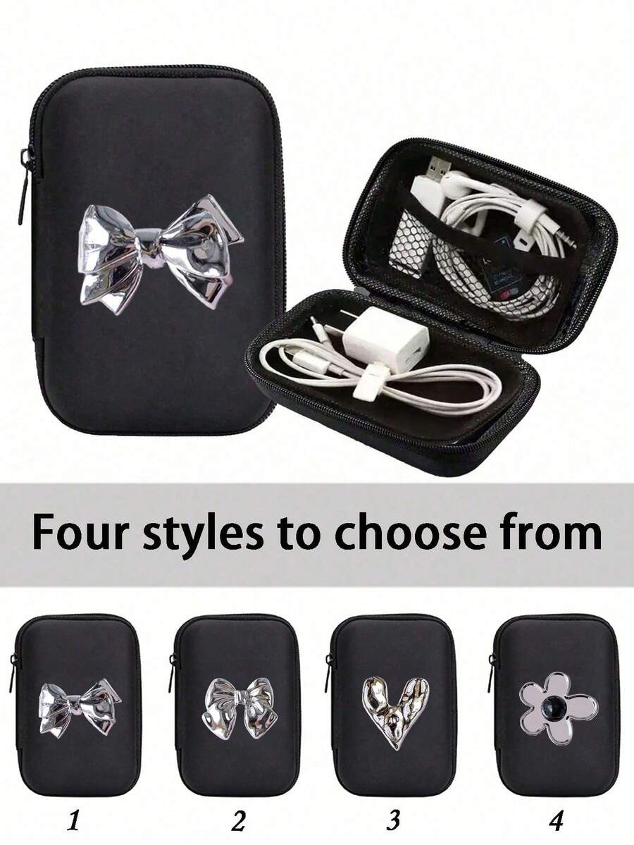 A Portable Mini Storage Bag With Y2k Silver Bow Decoration Elements, Waterproof And Drop Resistant Eva Material Hard Shell Camera Case, Shockproof Storage Box, Suitable For Storing Digital Cameras And Digital Products, Can Store Headphones, Data Cables - Black - View 1