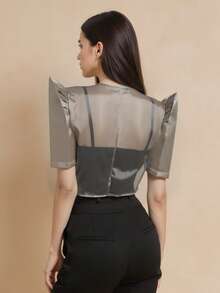 Blusa de manga abullonada, cintura con lazo y abertura frontal, inspirada en el estilo filipiniana, elegante y moderna para primavera/verano