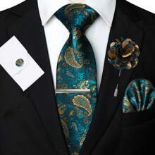 Juego de 5 piezas, corbata clásica de hombre con estampado de cachemira, corbata de tela de 1200 agujas con flor de anacardo, pañuelo de bolsillo, gemelos, clip de corbata y alfiler de solapa, adecuado para hombre en trabajo, negocios, formal, boda, casual y graduación