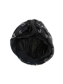 1pc Women's Pre-Tied Satin Turban Hat – Elegant Black Headwrap With White Butterfly Print, Soft Stretch Cap For Muslim Fashion, Party, Or Daily Wear