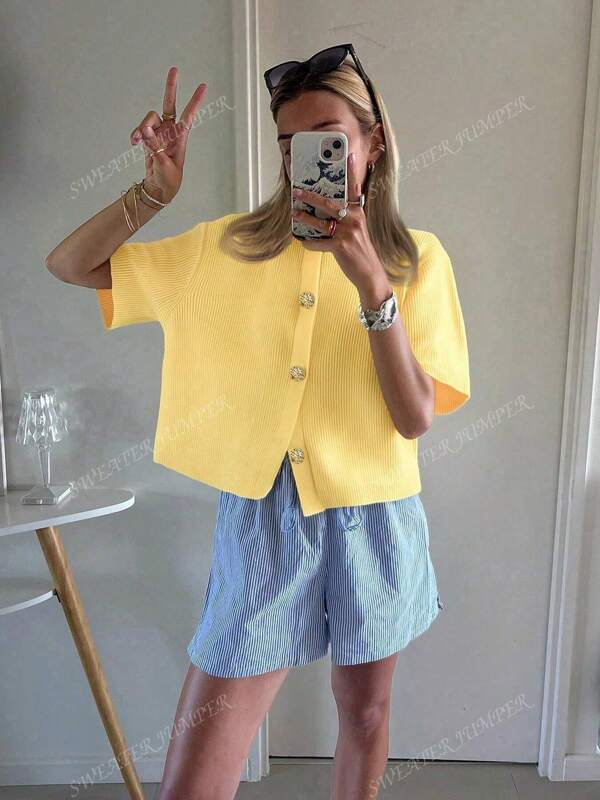 Damen Große Größen Mode Cardigan für Herbst und Sommer 2025, französischer Stil, hochwertig, locker gestrickt, kurzer lässiger Pullover-Oberteil für Damen