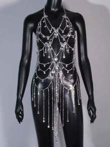 1pc Elegant Soft Butterfly Rhinestone Tassel Dress, Sexy Body Chain Jewelry For Women, Suitable For Party, Nightclub, Stage Performance And Other Occasions - Suspender Skirt - View 13