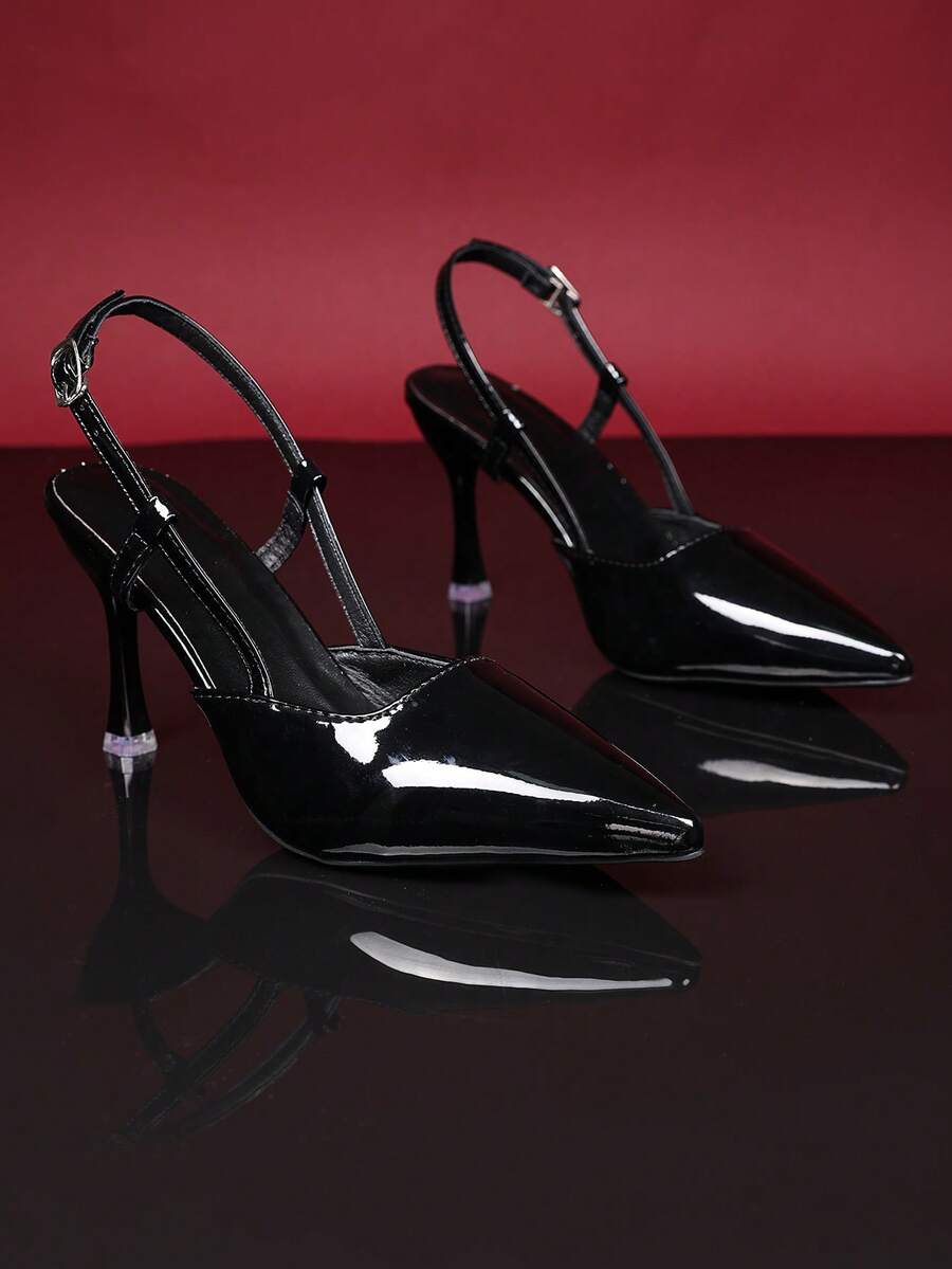 1 Pair Black High Heel Sandals, Solid Color Mirror Fabric, Pointed Toe, Back Strap Design, Stiletto Heel, Elegant Wedge Heel Sandals, Suitable For Party, Shopping, Travel, Vacation, Outdoor Wear, Summer New Style, Runs Small - Black - View 1