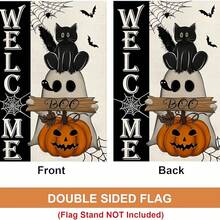 Welcome Halloween Garden Flag (30cm X 45cm/12inch X 18inch) Double Sided Burlap Black Cat Ghost Boo Pumpkin Bat Spider Web Courtyard Flag Suitable For Outdoor Terrace Holiday Outdoor Halloween Decoration