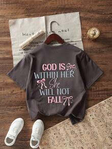 Tween Girl "God Is Within Her She Will Not Fall Psalm 46:5" Slogan Print T-Shirt, Soft And Comfortable Fabric, Suitable For Girls To Wear For Travel, Vacation, Outdoor Sports, Daily Wear, Casual Travel, Best Choice! Fashionable Tween Girls Casual Versatile Top For Spring And Summer - Dark Grey - View 5