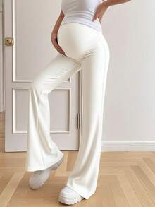 Women's Solid Color High Waist Stretch Daily Casual Maternity Flared Pants, Women's Clothing, Women's Maternity Trousers - White - View 4