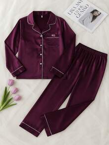 Conjunto Pijama De Mujer Satin 2 Piezas Fresca Y Comoda - Rojo violeta - Ver 2