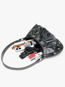 Y2K Damska torba motocyklowa z postarzanej skóry Merlot z nitami i ozdobnym zapięciem, plisowana torba na ramię/pod pachę w kształcie chmury, torebka w kształcie bagietki, odpowiednia do pracy, dojazdów do pracy, na randkę i imprezę - Ciemnoszary - Zobacz 2