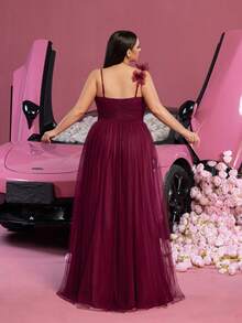 Faeriesty Luxe Plus Elegant Pleated Front Panel Mesh Splice Spaghetti Strap Party Dress - Burgundy - View 2