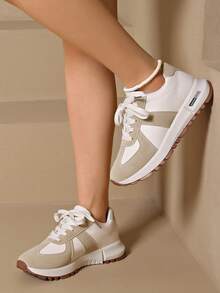 Women's Round Toe Lace-Up Thick Sole Student Casual Comfortable Sports Running Shoes - Khaki - View 4