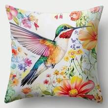 Set Of 4 Bright Hummingbird And Floral Pillowcases, Modern Living Room Sofa Decorations, Sofa Decorations, Bright Print Designs, Zipper Pillowcases, Decorative Pillowcases, Single Side, No Pillows