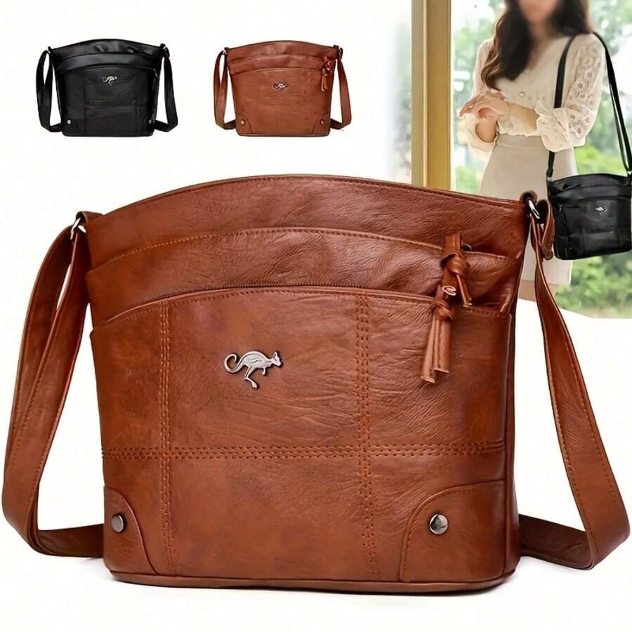 Elegant Women'S Crossbody Bag In Solid Color With Adjustable Strap, Large Capacity, Multiple Pockets, Lightweight Stitched Design, Zip Closure, Polyester Lining, Available In Black, Brown, And Dark Brown, Casual Shoulder Bag | Classic Style | Lightweight Construction, Purse Crossbody , New Year - Multicolor - View 1