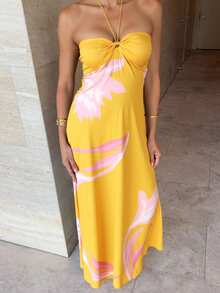 Summer 2025 Floral Halter Neck Maxi Dress  Sexy Forma Wedding Guest Dress Beach Party Gown Flowy Long Sundress For Women - 黃色 - 查看 7