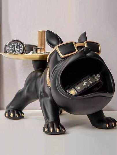 1 pieza Decoración creativa de Bulldog francés con bandeja, adecuada para decoración de sala de estar, almacenamiento creativo, decoración de dormitorio, decoración de oficina de alta gama, colección de almacenamiento, se puede dar como regalo de aniversario o cumpleaños a amigos y familiares