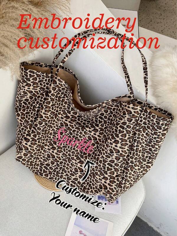 1pc Personalized Women Leopard Print Canvas Shoulder Bag, Fashion Versatile Handbag Tote Bag For Work Commute, Embroidered Custom Name Underarm Bag, Large Capacity Lightweight Storage Bag, Portable Tote For School, Suitable For Daily Use, Shopping, Party, Great Gift For Family, Friends, Lover, For Christmas, Spring Festival, Mother's Day, Women's Day, Valentine's Day, Teacher's Day, Nurse's Day, Thanksgiving, Independence Day, Birthday