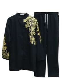 2pcs/Set Men's Solid Color Round Neck Gold Foil Print Long Sleeve Top And Pants Set, African - Black - View 2